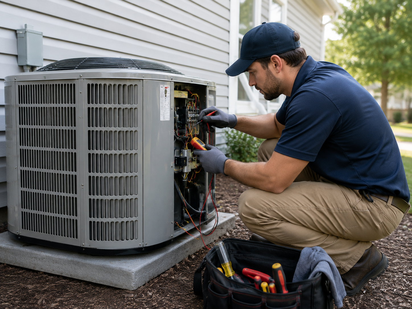 HVAC technician inspecting an air conditioner that freezes up during hot summer weather
